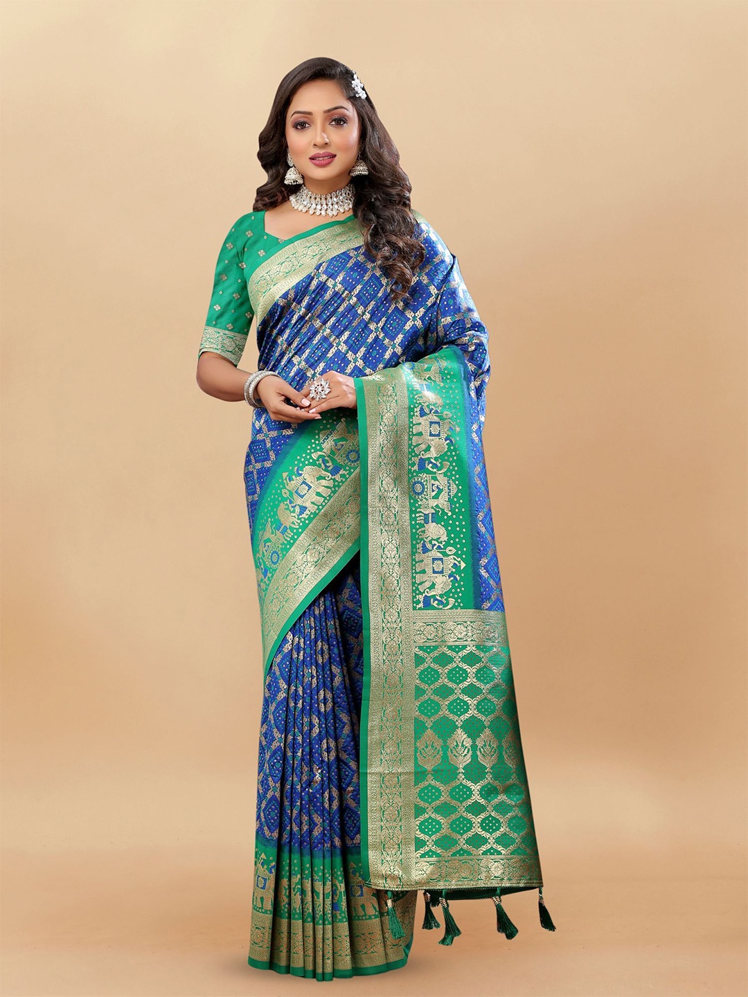 

Mitera Ethnic Motifs Zari Pure Silk Patola Saree, Blue