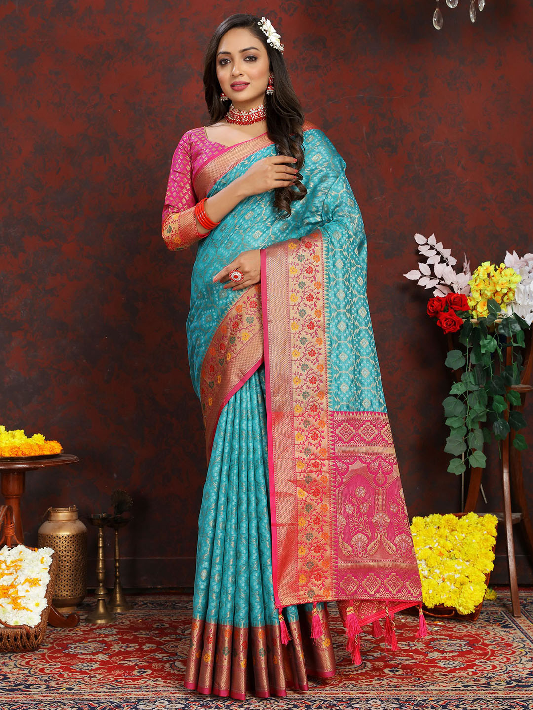 

Mitera Ethnic Motifs Zari Soft Organza Banarasi Saree, Blue