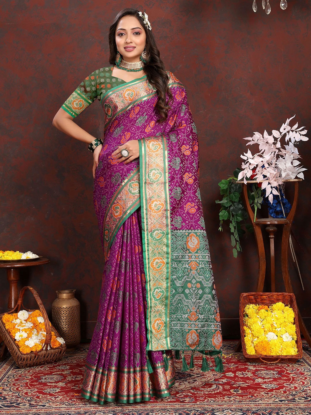 

Mitera Floral Zari Patola Saree, Purple