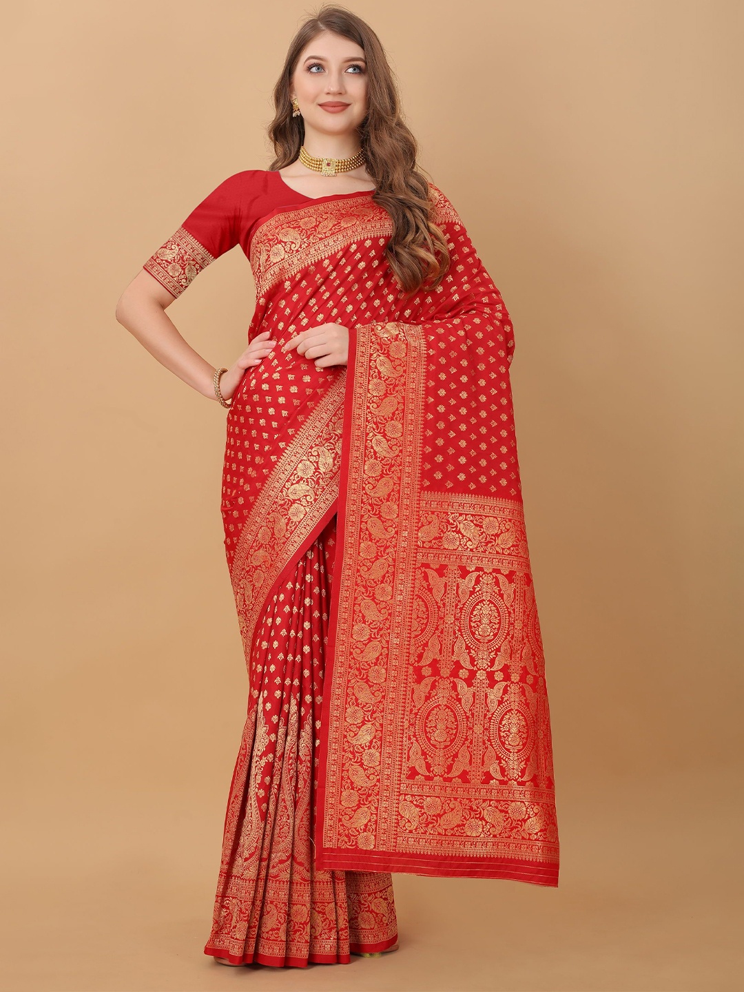 

Mitera Floral Zari Banarasi Saree, Red