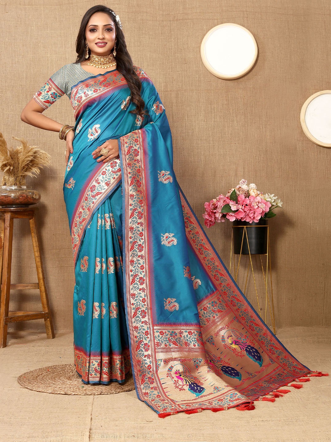 

Mitera Ethnic Motifs Zari Pure Silk Paithani Saree, Blue