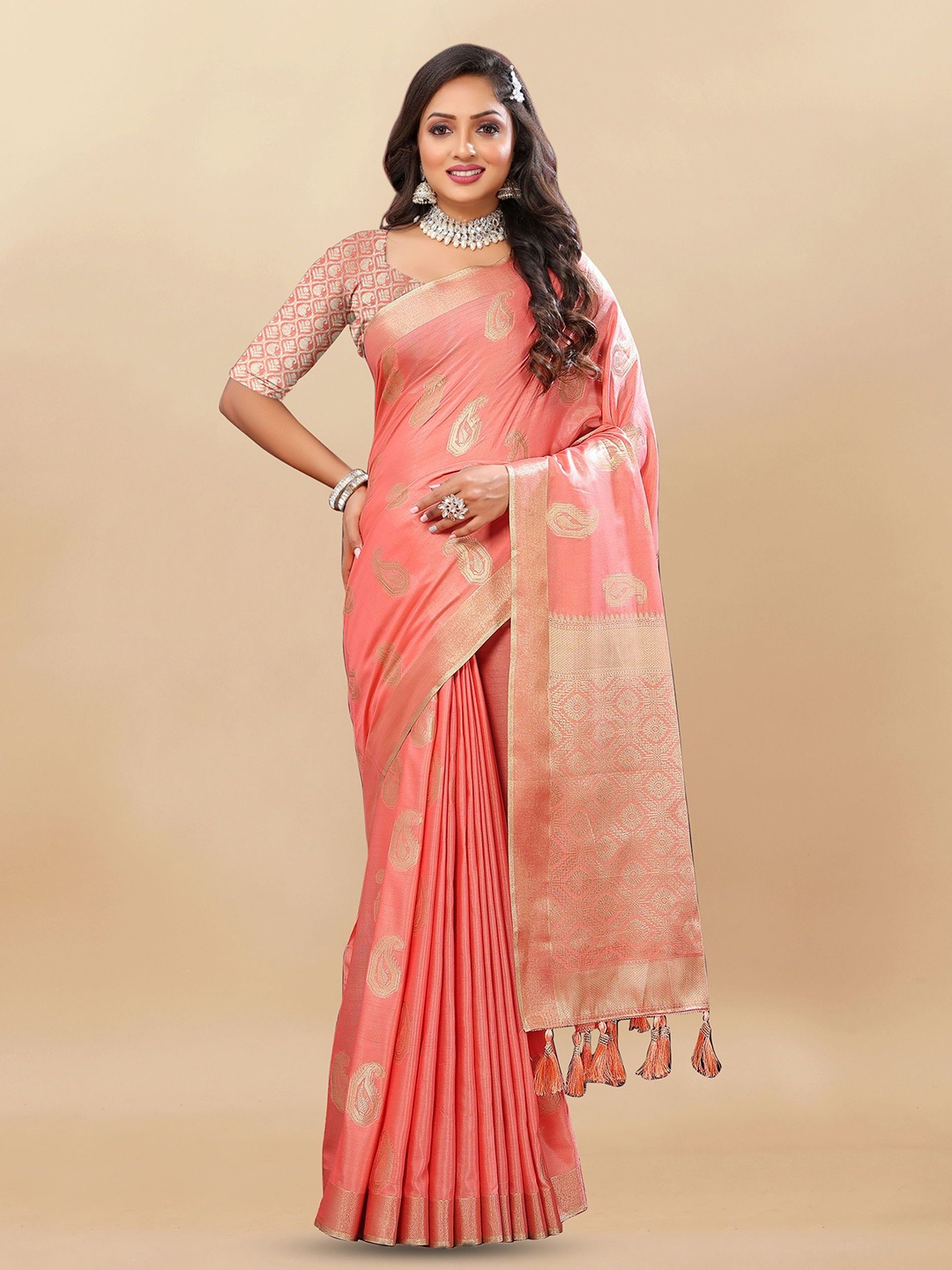 

Mitera Woven Design Zari Pure Silk Banarasi Saree, Pink