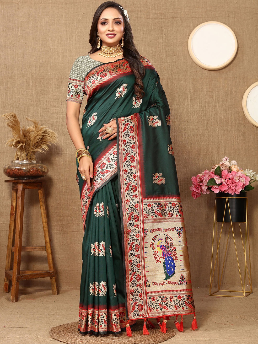 

Mitera Ethnic Motifs Zari Pure Silk Paithani Saree, Green