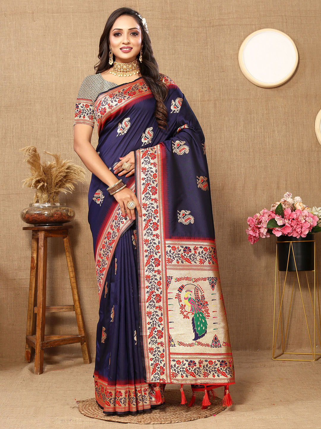 

Mitera Ethnic Motifs Zari Pure Silk Paithani Saree, Blue