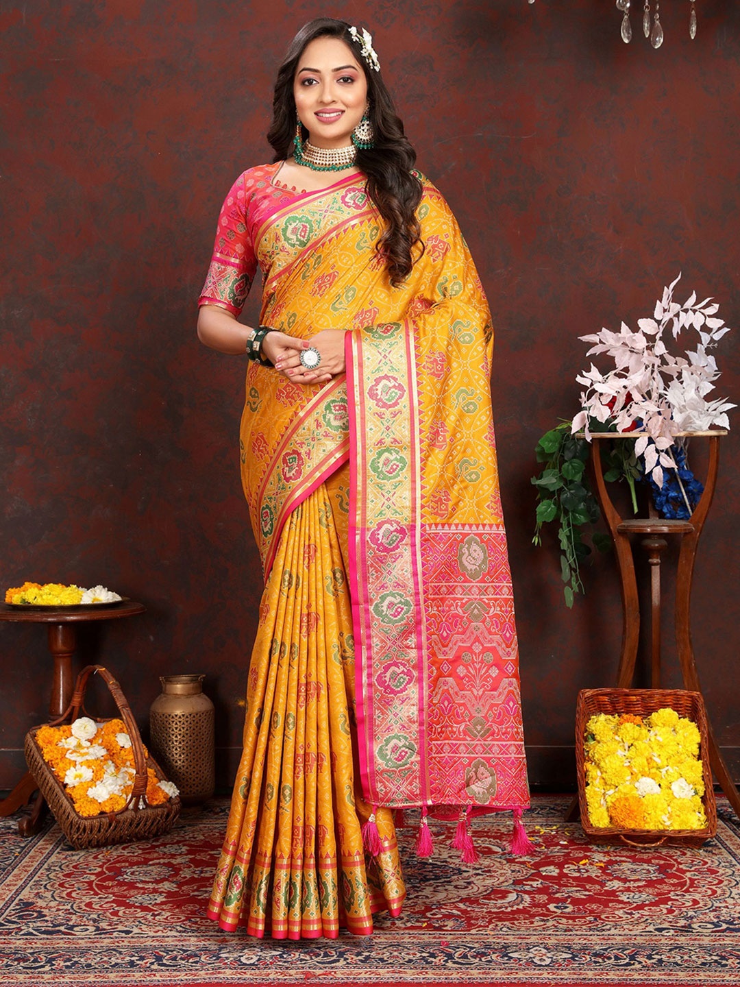 

Mitera Floral Woven Design Zari Patola Saree, Orange