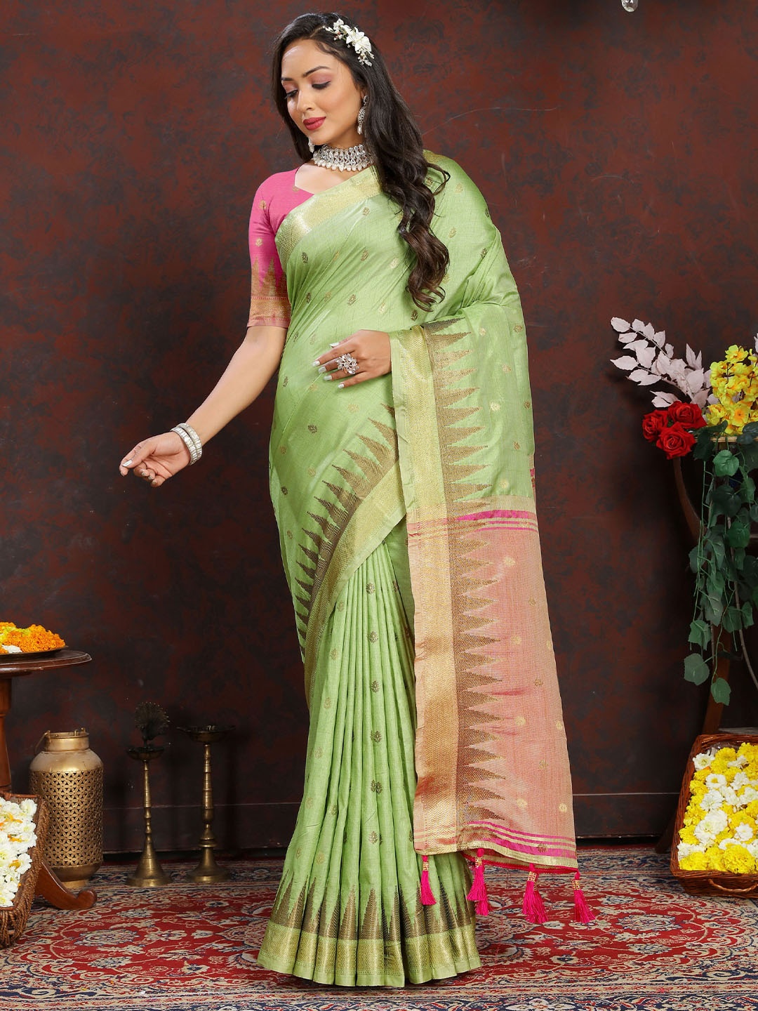 

Mitera Ethnic Motifs Zari Silk Cotton Banarasi Saree, Green