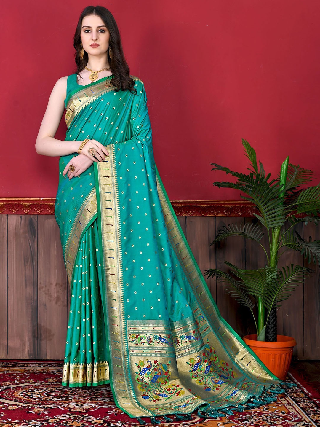 

Mitera Ethnic Motifs Zari Pure Silk Paithani Saree, Turquoise blue