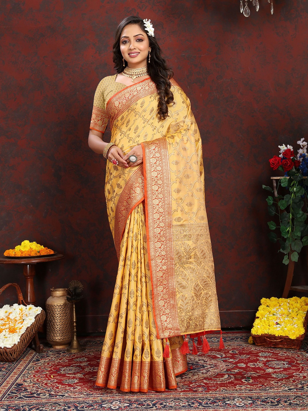 

Mitera Ethnic Motifs Zari Banarasi Saree, Orange