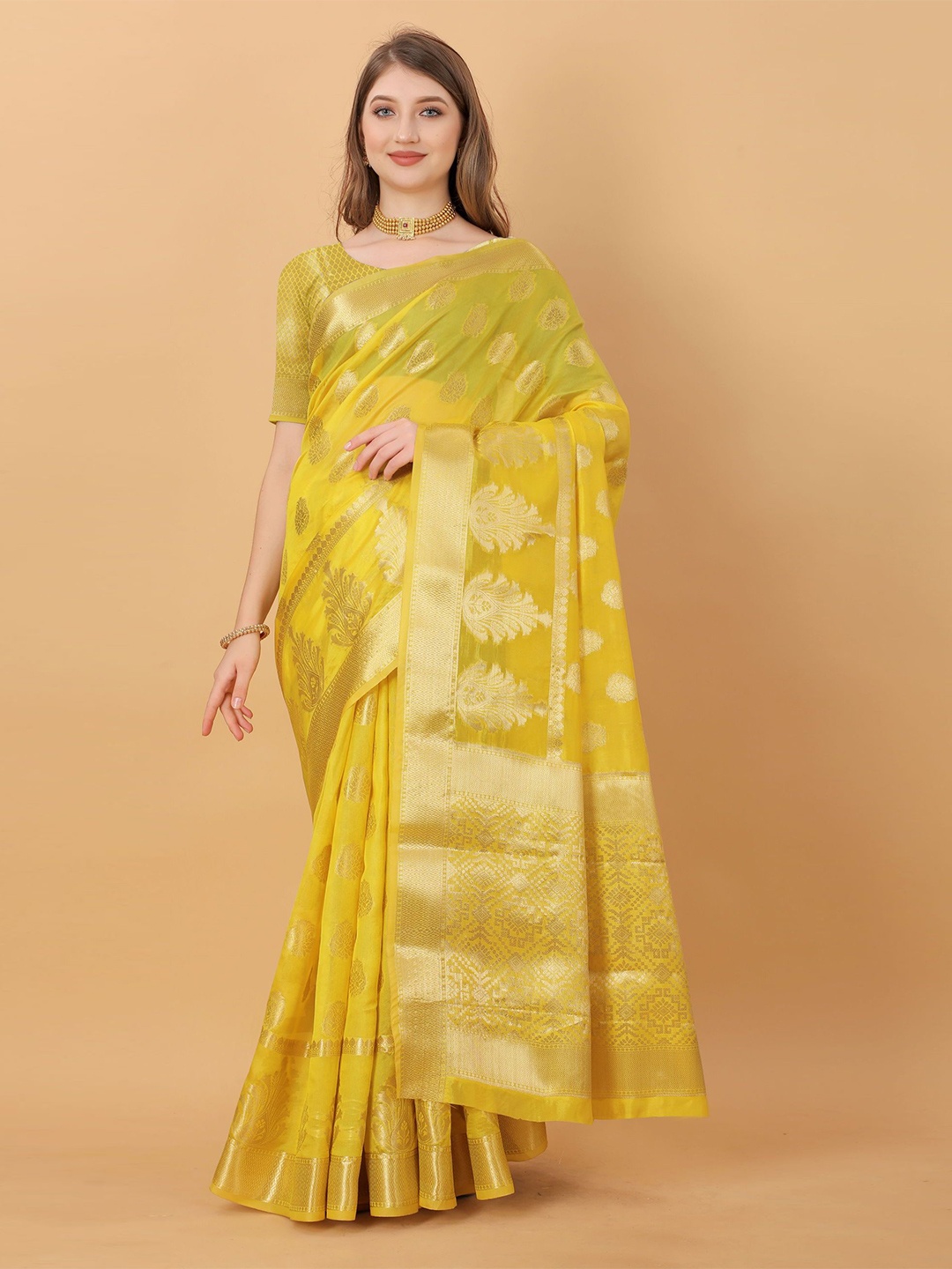 

Mitera Woven Design Zari Organza Jamdani Saree With Blouse Piece, Yellow