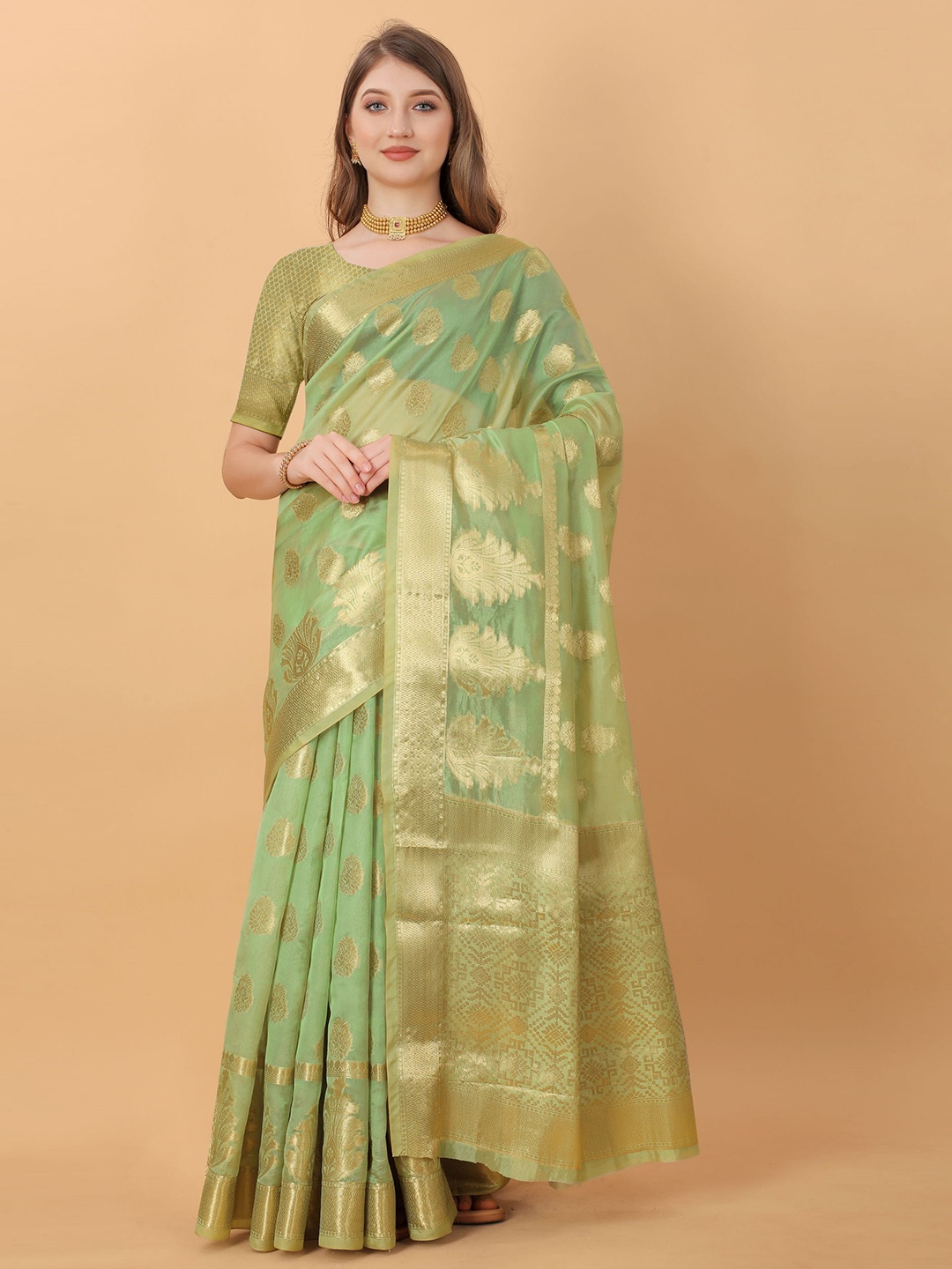 

Mitera Ethnic Motifs Zari Organza Jamdani Saree, Green
