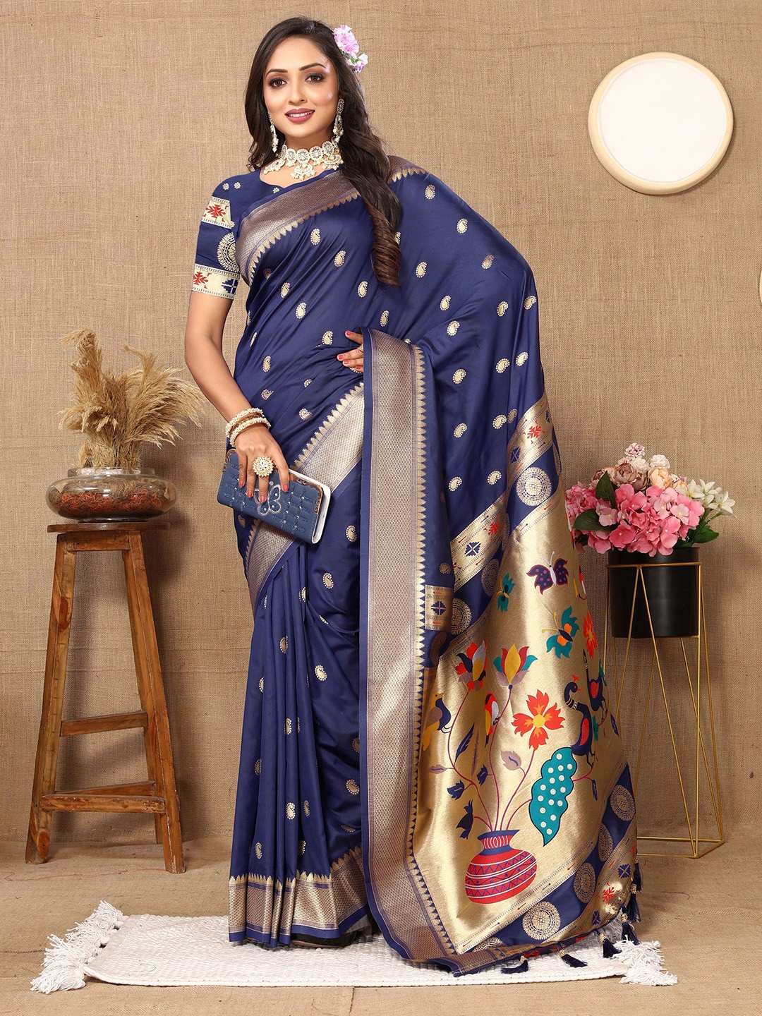 

Mitera Ethnic Motifs woven design Pure Silk Paithani Saree, Navy blue
