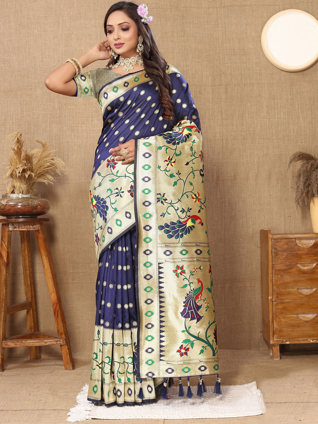 

Mitera Woven Design Ethnic Motifs Zari Pure Silk Paithani Saree, Blue