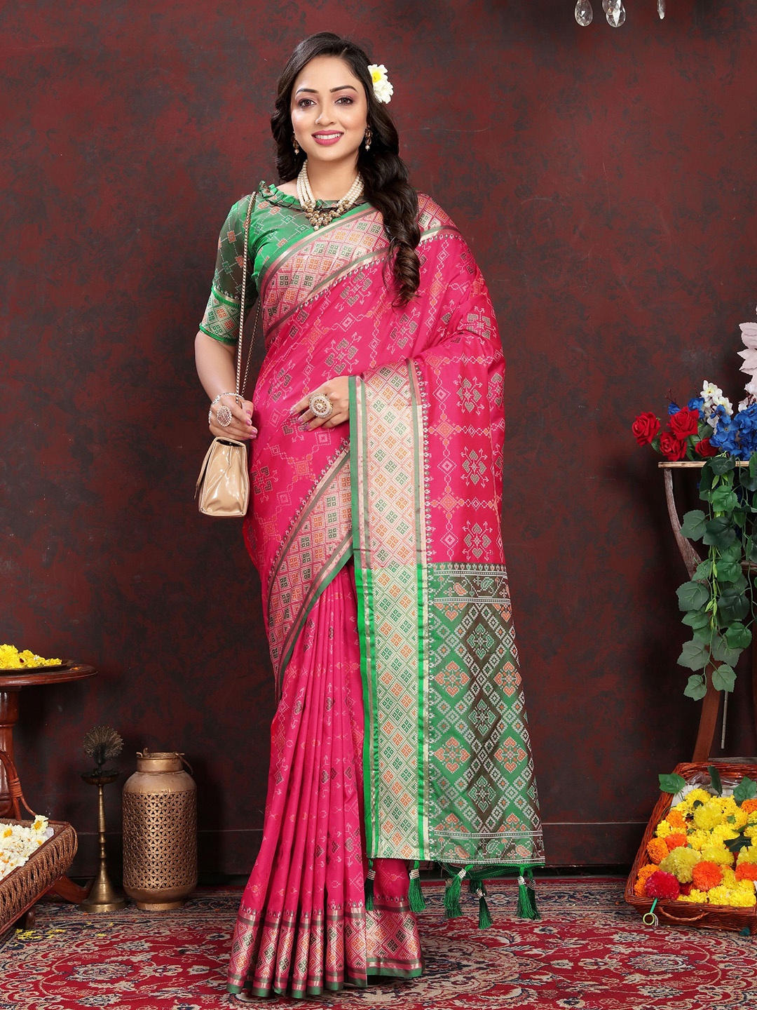 

Mitera Ethnic Motifs Zari Pure Silk Patola Saree, Pink