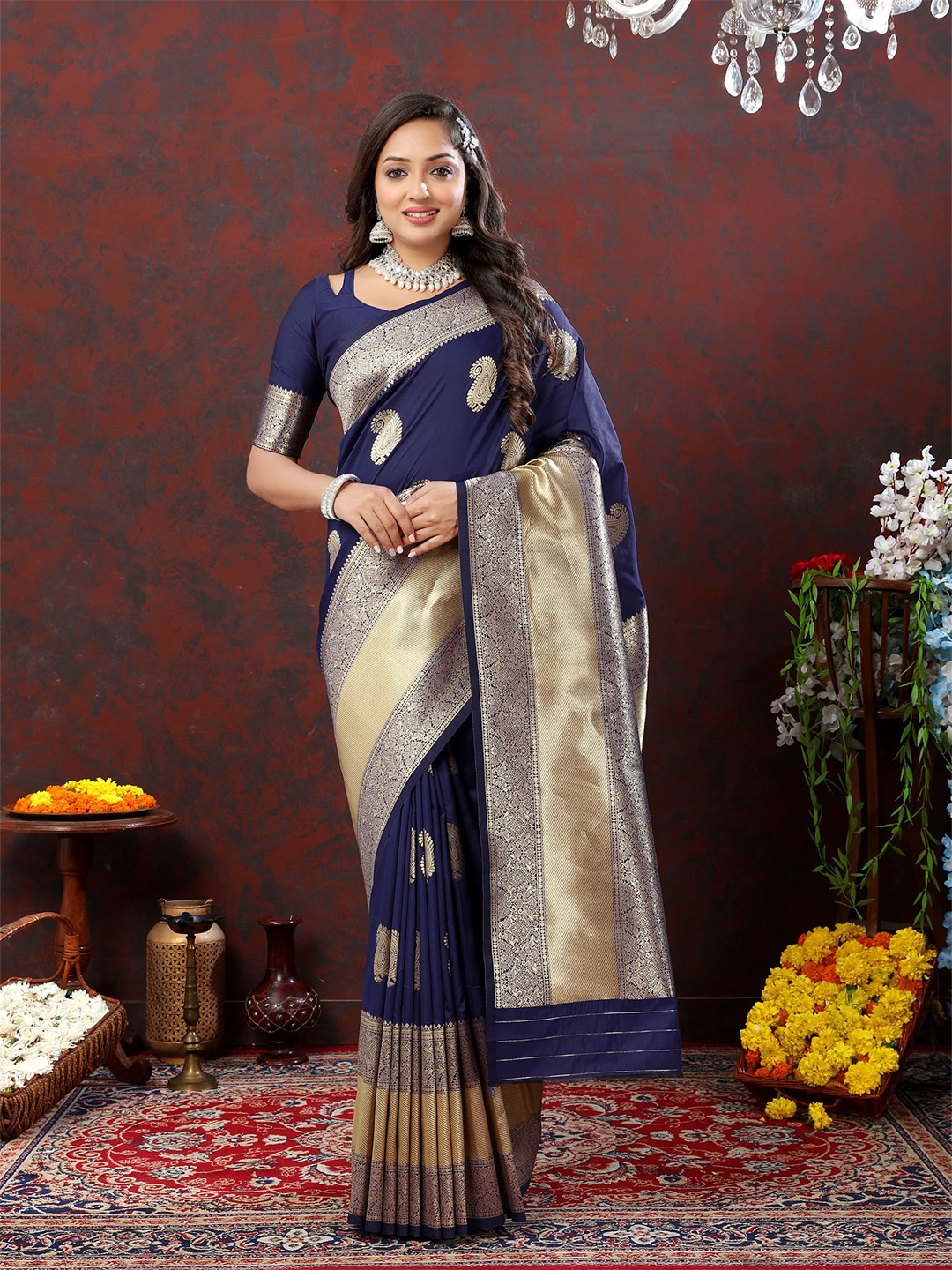 

Mitera Ethnic Motifs Zari Pure Silk Banarasi Saree, Navy blue