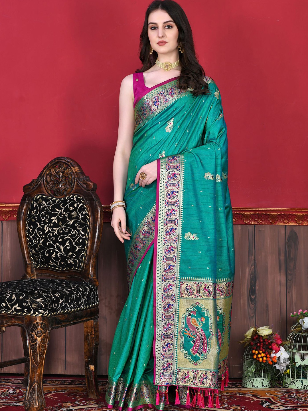 

Mitera Ethnic Motifs woven design Pure Silk Paithani Saree, Turquoise blue