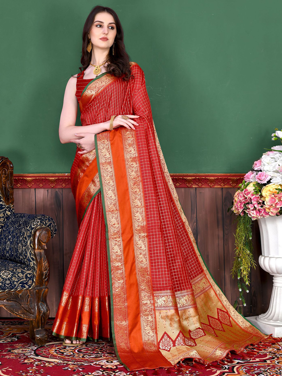 

Mitera Ethnic Motifs Zari Pure Silk Banarasi Saree, Red