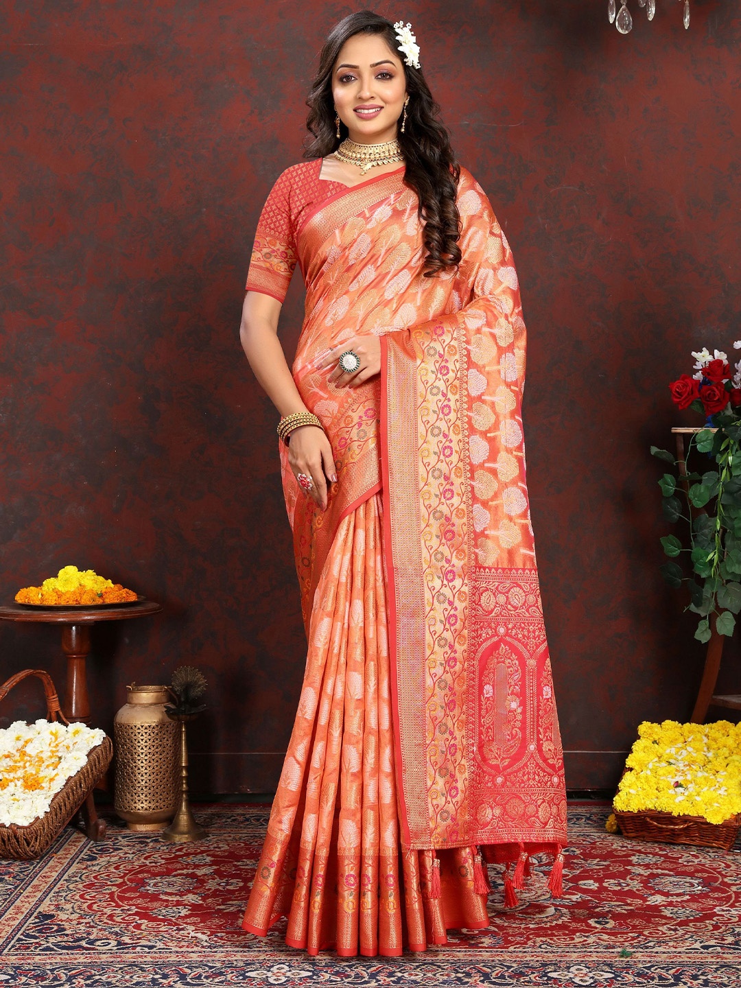 

Mitera Ethnic Woven Design Motifs Zari Organza Banarasi Saree, Orange
