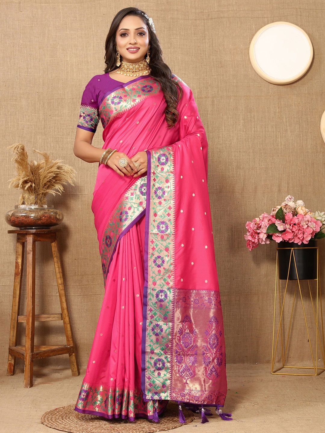 

Mitera Ethnic Motifs Zari Pure Silk Paithani Saree, Pink