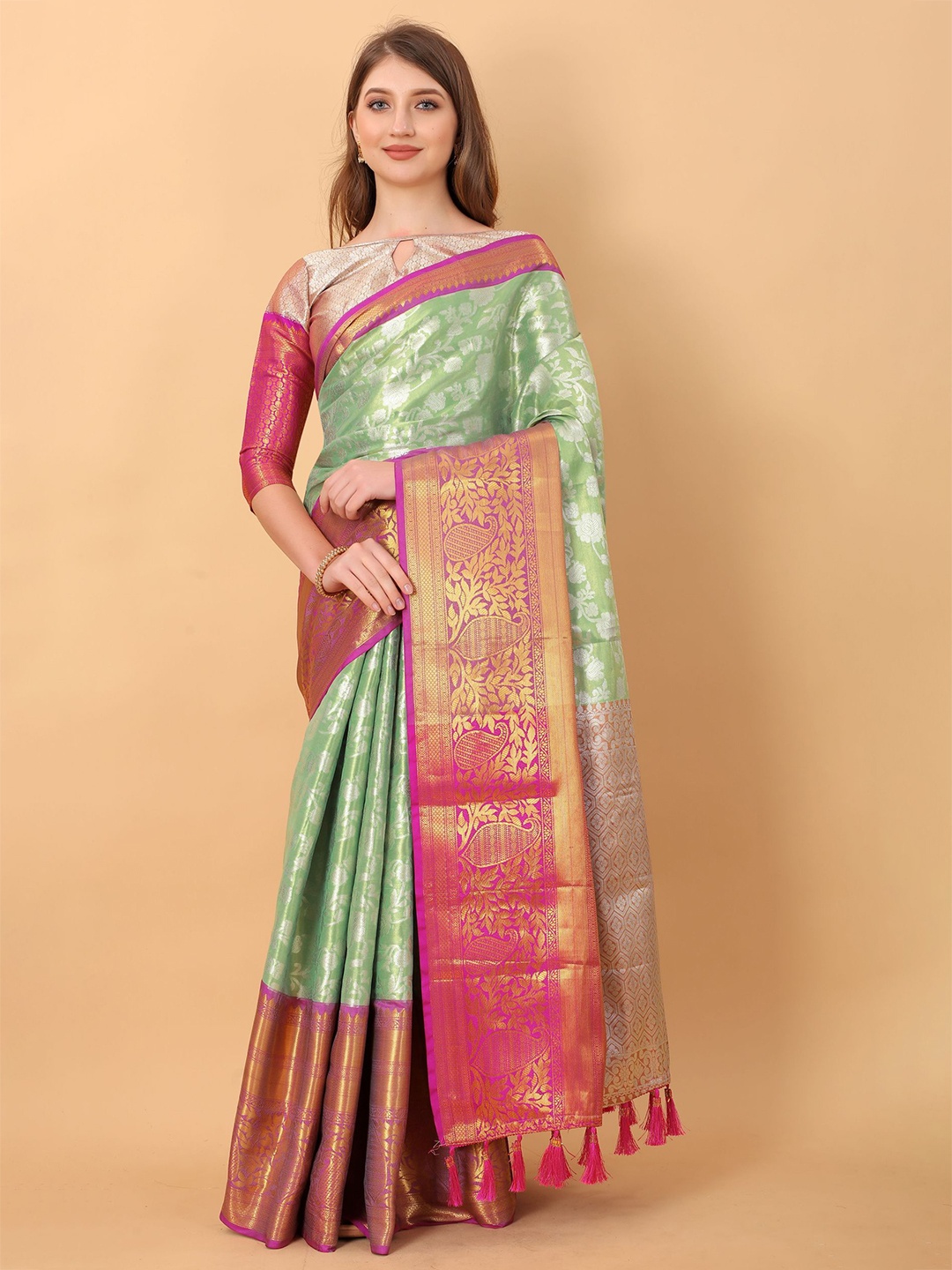 

Mitera Ethnic Motifs Zari Pure Silk Banarasi Saree, Green