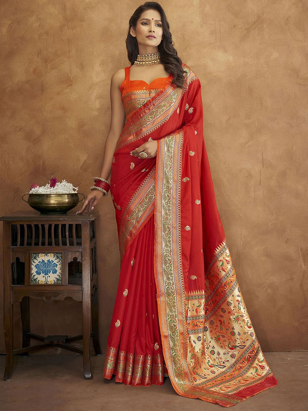 

Mitera Ethnic Motifs Zari Pure Silk Paithani Saree, Red