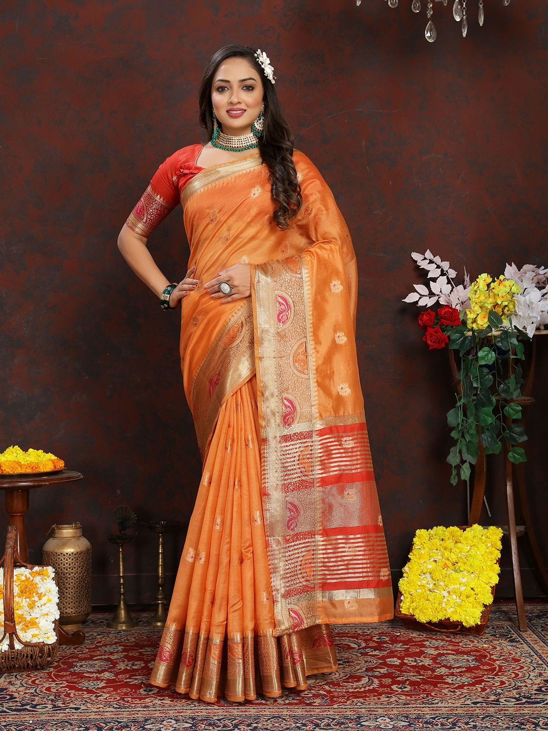 

Mitera Woven Ethnic Motifs Design Organza Banarasi Saree, Orange
