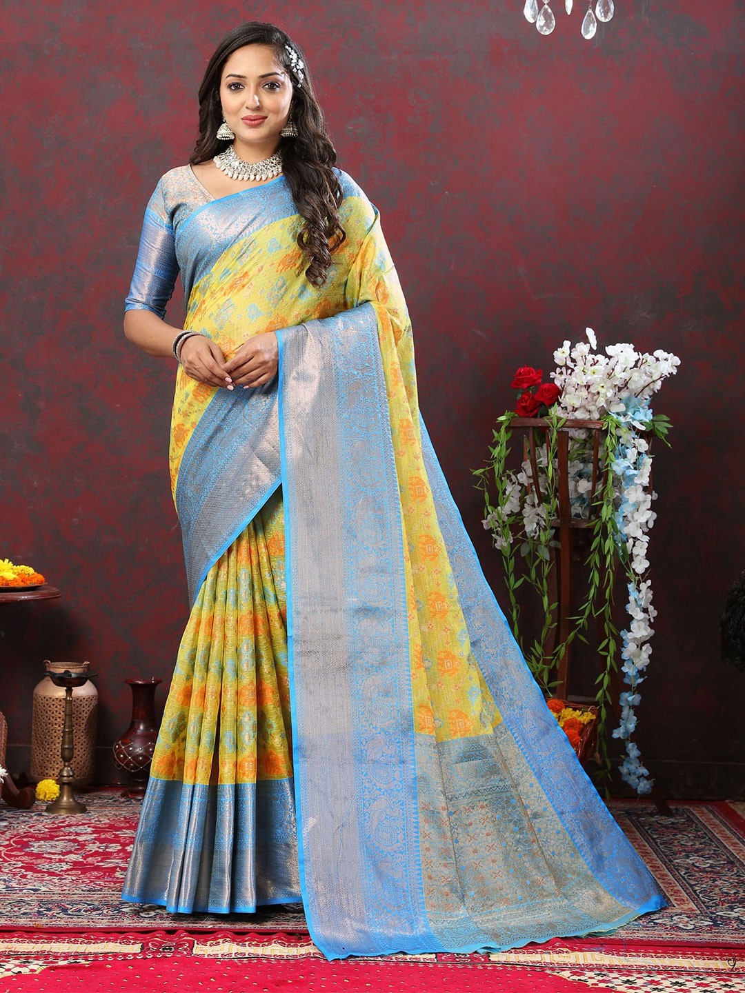 

Mitera Ethnic Motifs Zari Pure Cotton Patola Saree, Yellow