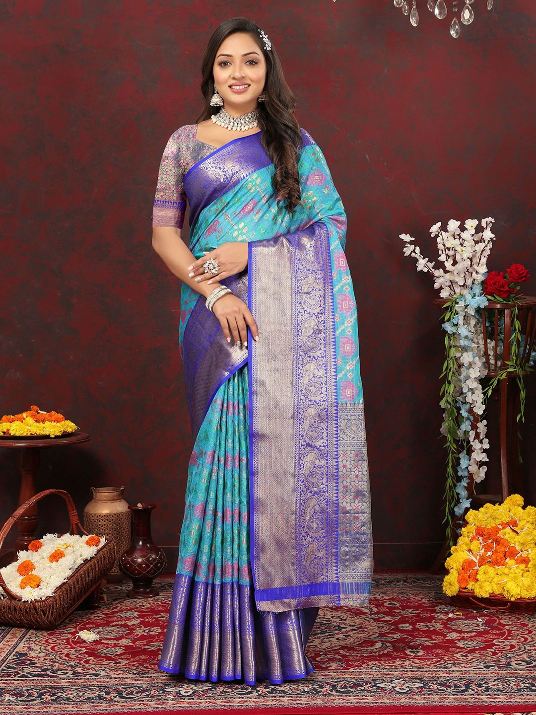 

Mitera Ethnic Motifs woven design Pure Cotton Patola Saree, Blue