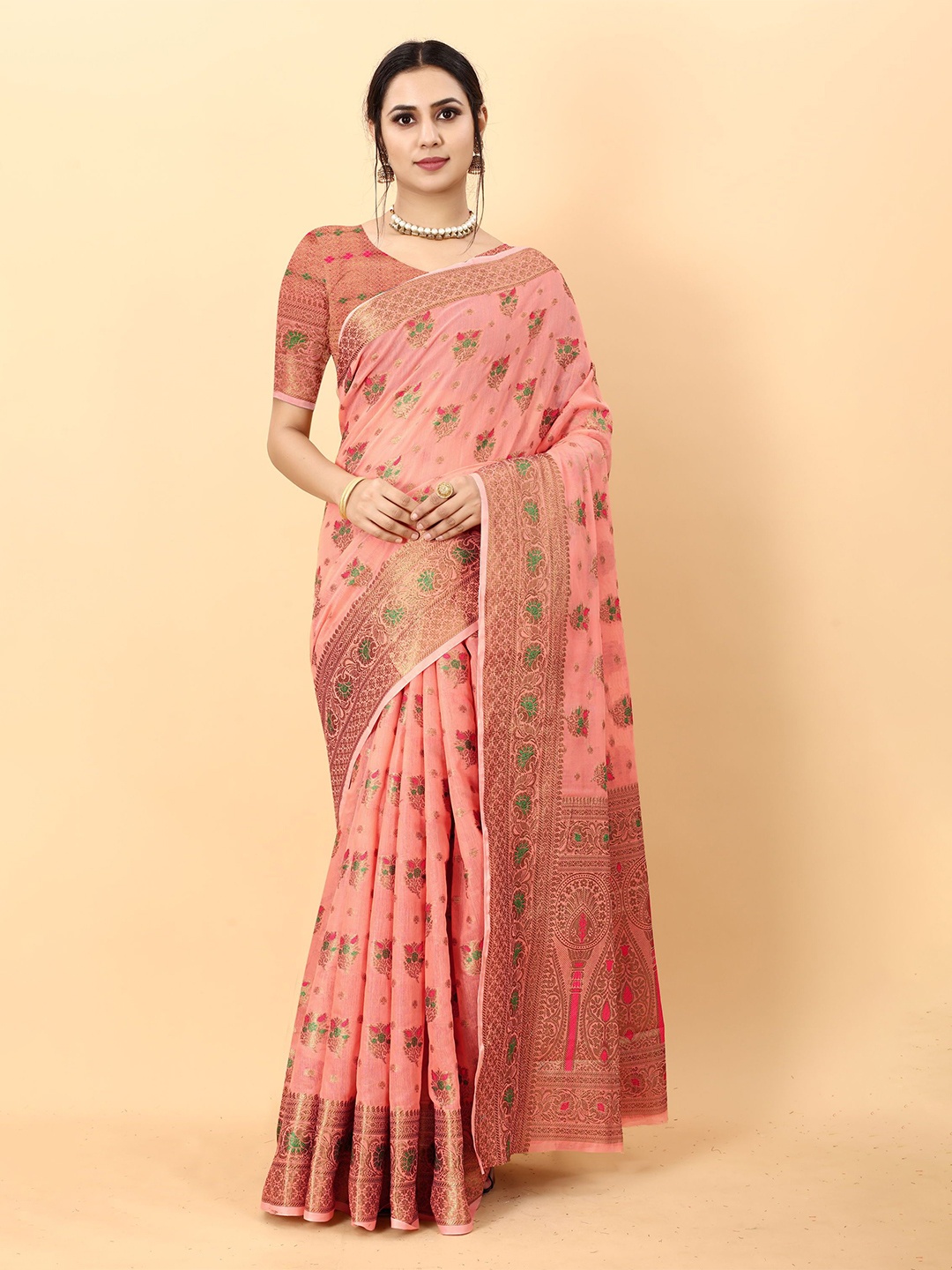 

Mitera Ethnic Motifs Zari Banarasi Saree, Peach