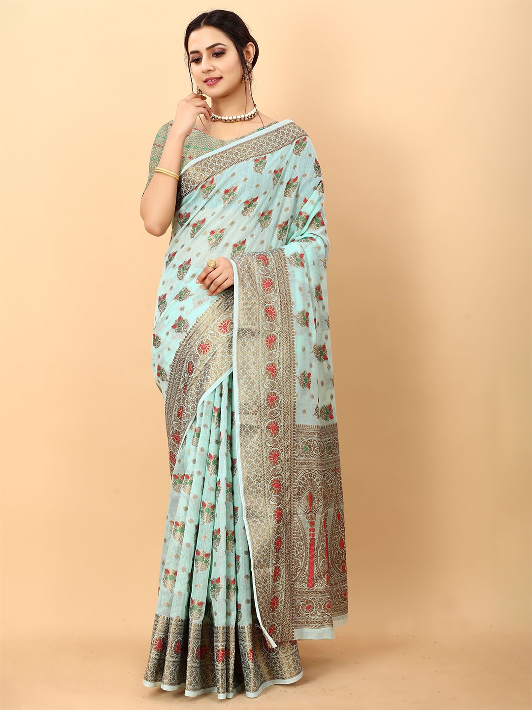 

Mitera Floral Zari Banarasi Saree, Blue
