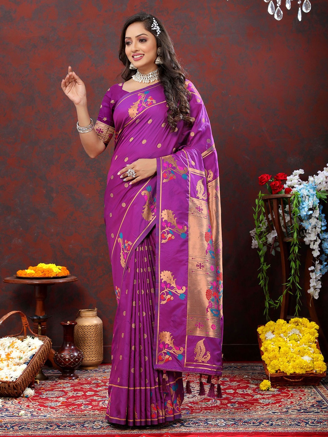 

Mitera Ethnic Motifs Zari Pure Silk Paithani Saree, Purple