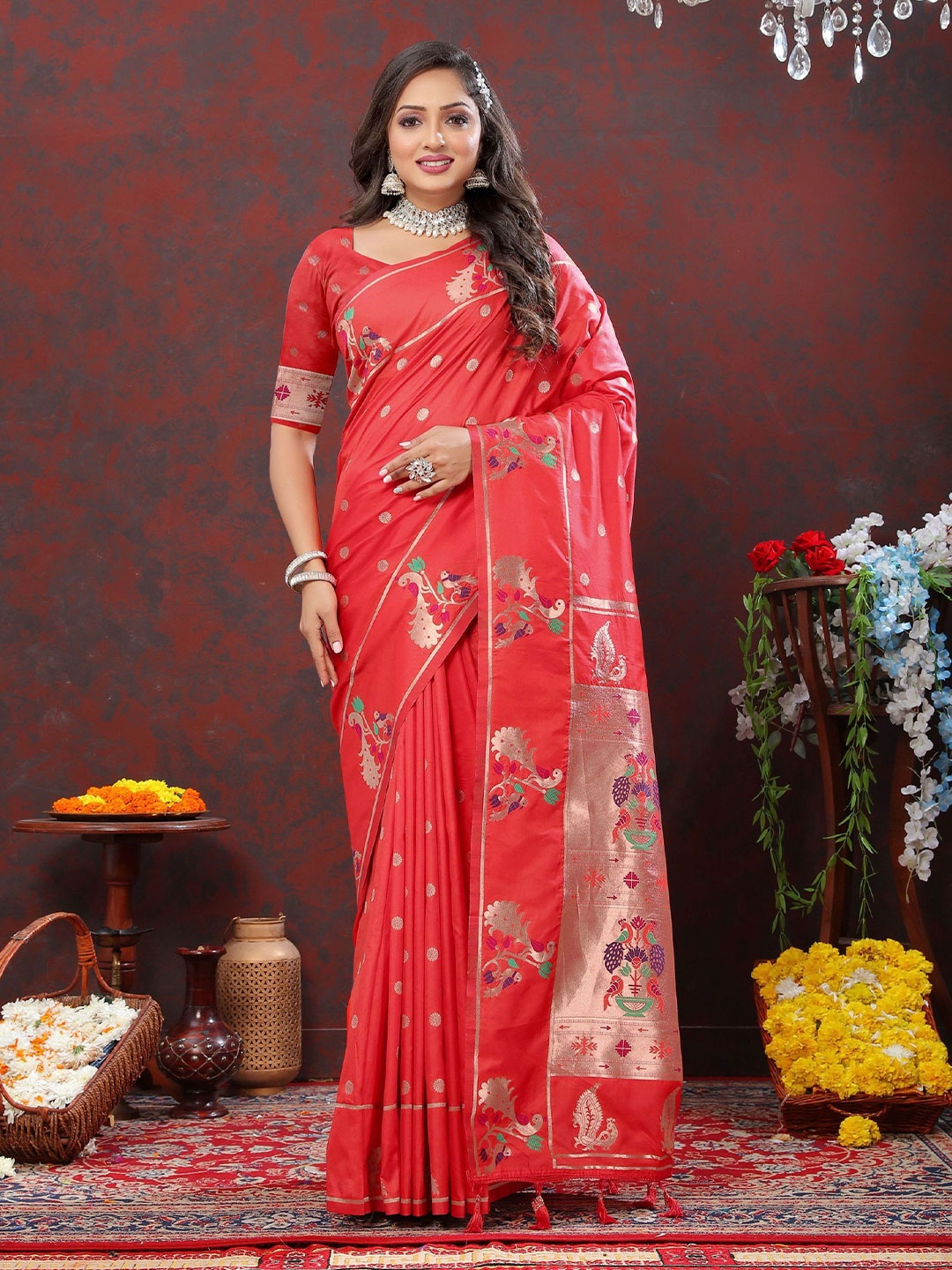 

Mitera Ethnic Motifs Zari Pure Silk Paithani Saree, Red