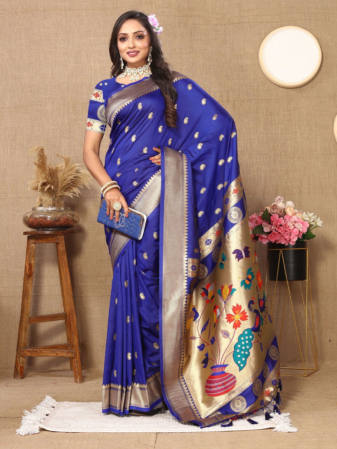 

Mitera Ethnic Motifs Zari Pure Silk Paithani Saree, Blue