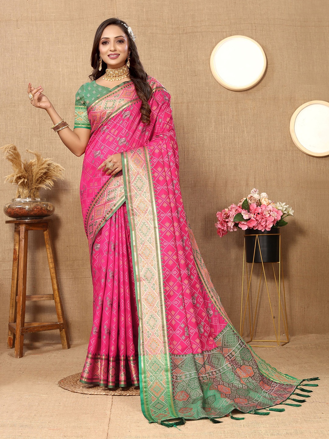 

Mitera Woven Design Zari Pure Silk Patola Saree, Pink