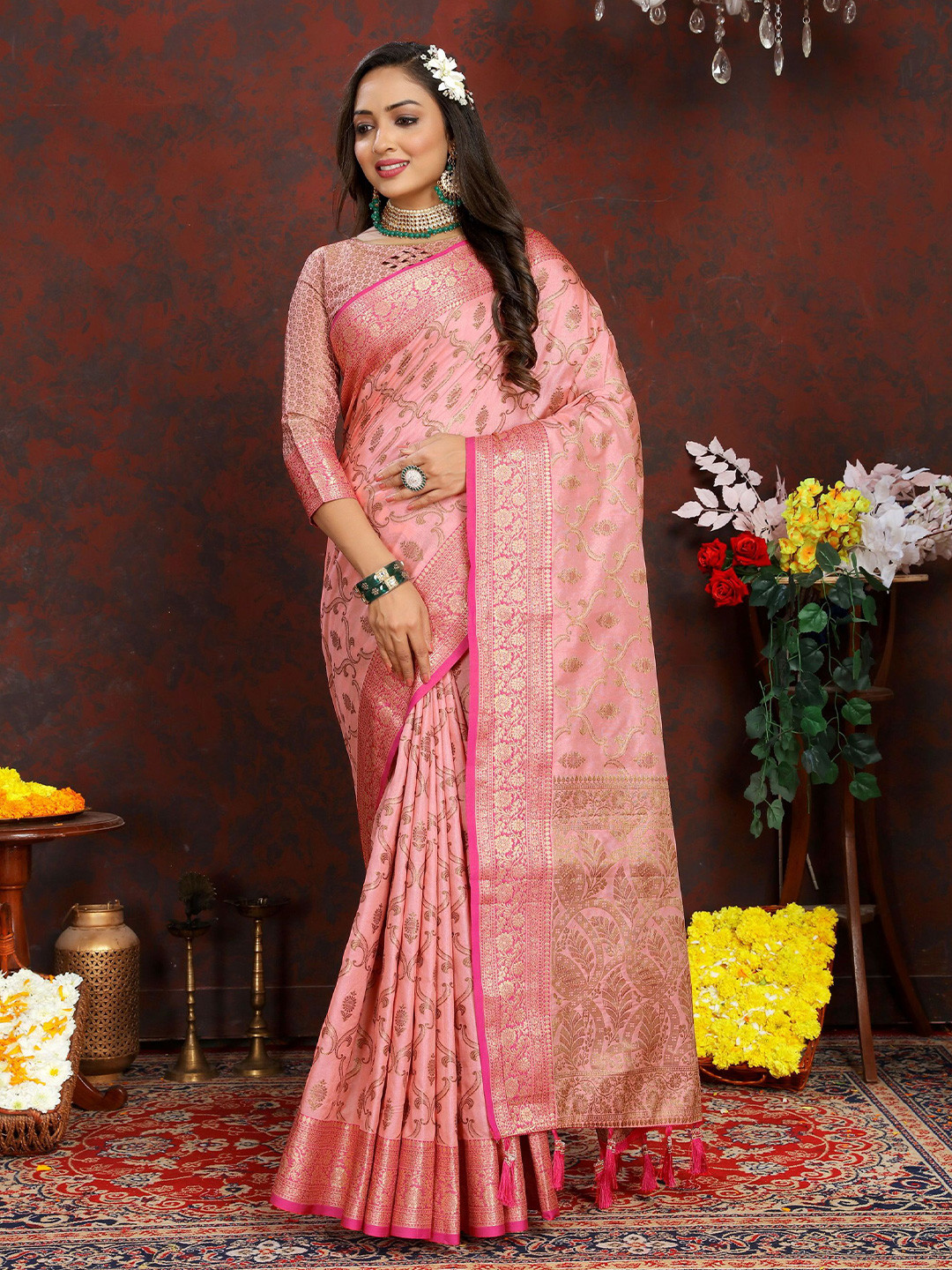 

Mitera Ethnic Motifs Zari Banarasi Saree, Pink