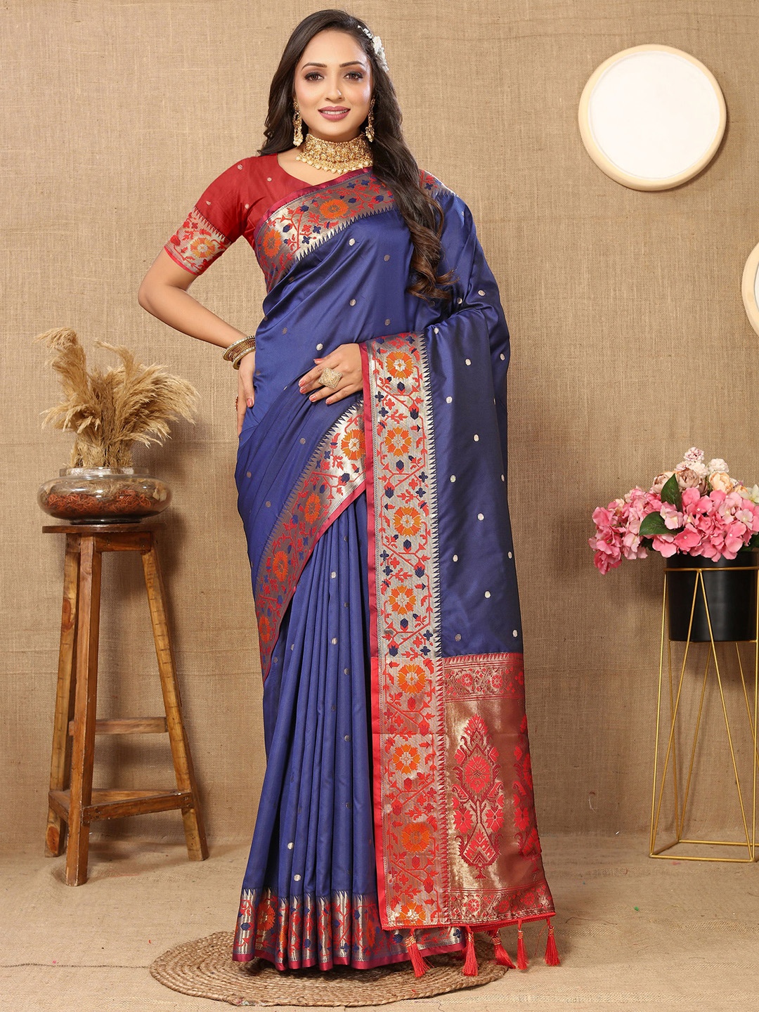 

Mitera Ethnic Motifs Zari Pure Silk Paithani Saree, Blue
