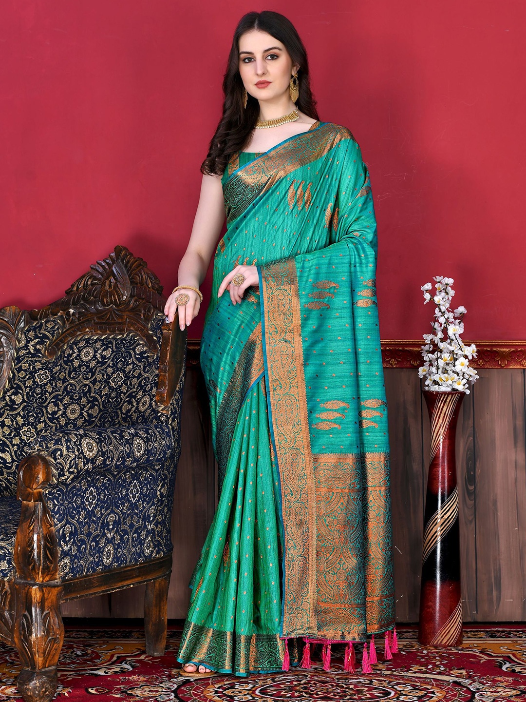 

Mitera Ethnic Motifs Zari Pure Silk Banarasi Saree, Turquoise blue