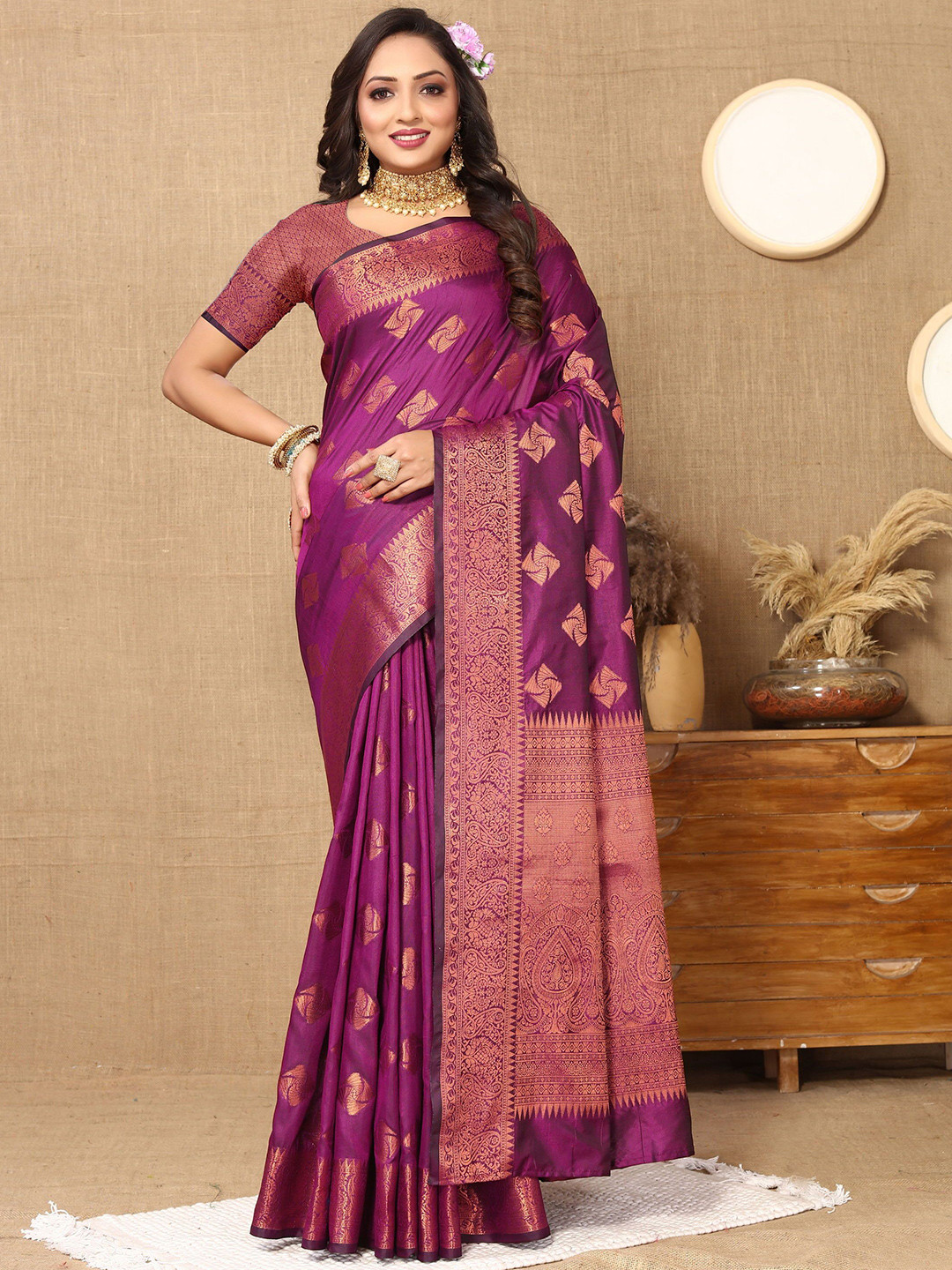 

Mitera Ethnic Motifs Zari Banarasi Saree With Blouse Piece, Purple