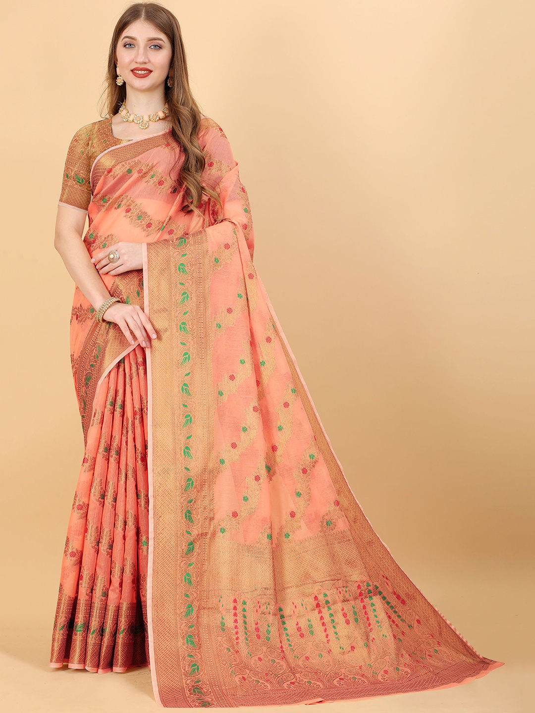 

Mitera Ethnic Motifs Zari Pure Linen Jamdani Saree, Peach