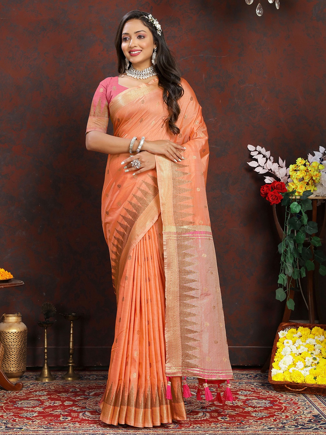 

Mitera Ethnic Motifs Woven Design Banarasi Saree, Orange
