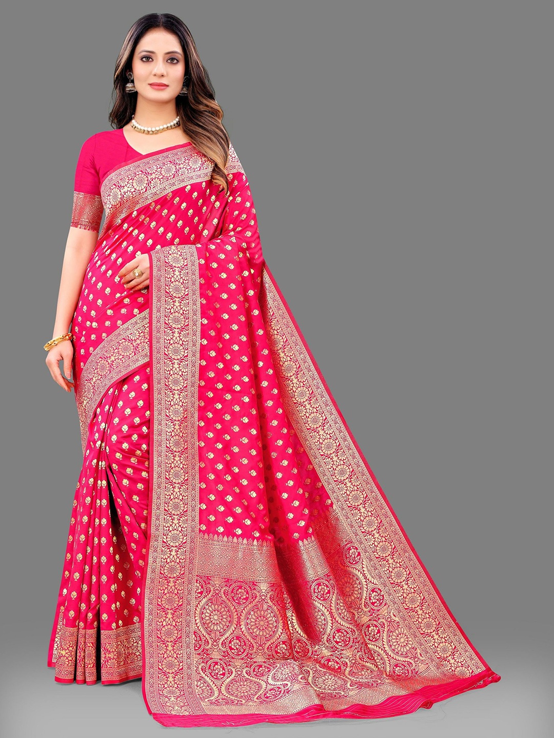 

Mitera Ethnic Motifs Zari Pure Silk Banarasi Saree, Pink