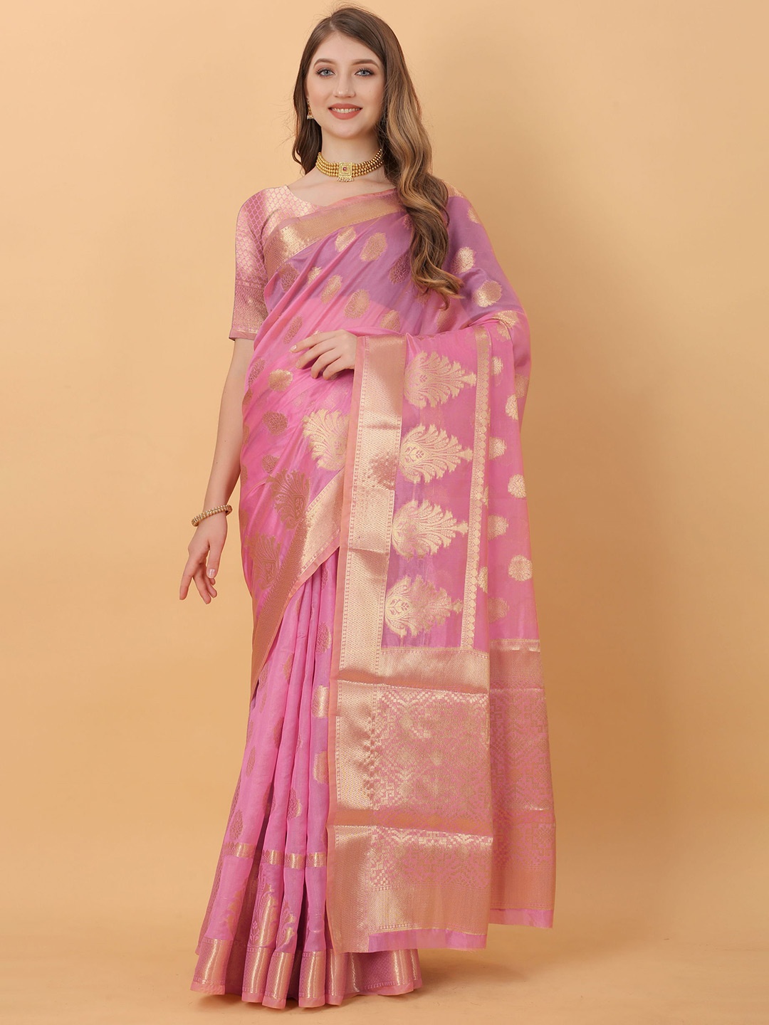 

Mitera Ethnic Motifs Zari Organza Jamdani Saree, Pink