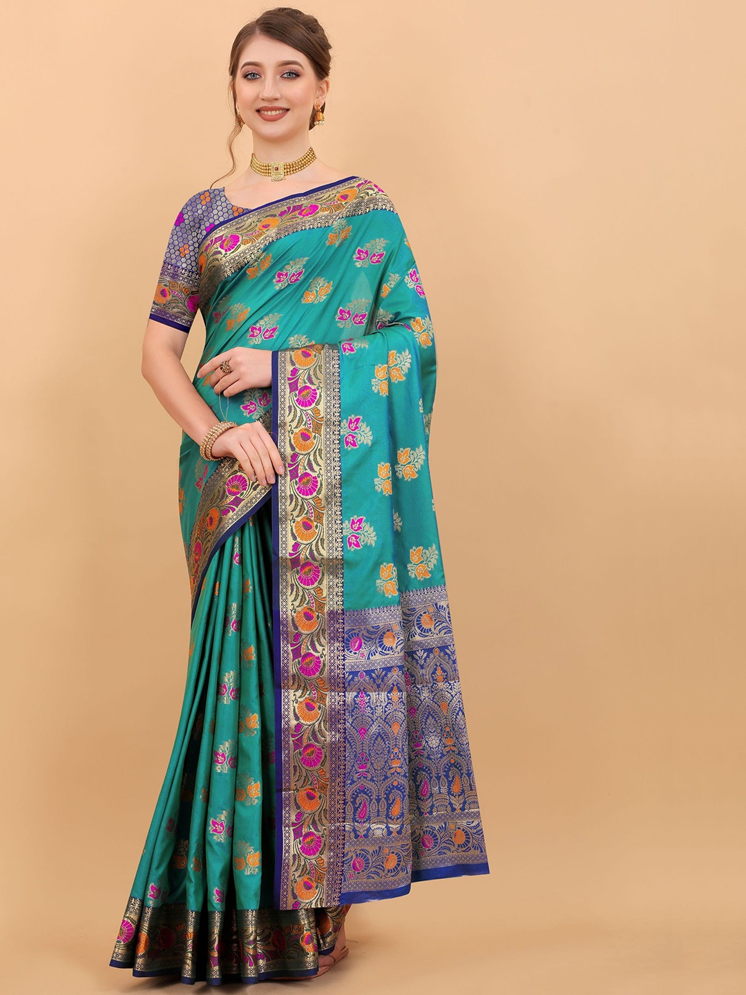 

Mitera Ethnic Motifs Zari Pure Silk Banarasi Saree, Blue