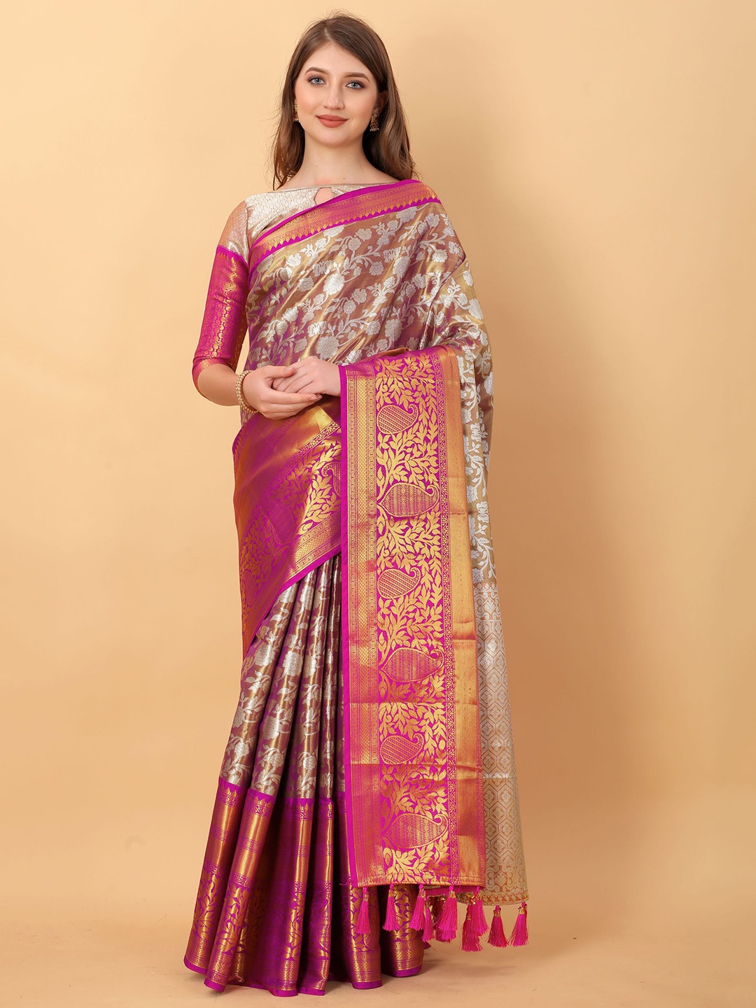 

Mitera Ethnic Motifs Zari Pure Silk Banarasi Saree, Brown