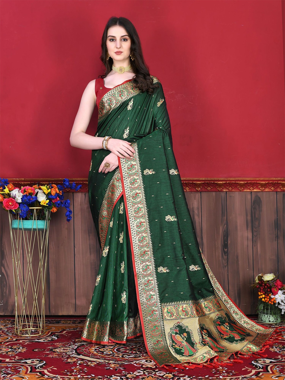 

Mitera Ethnic Motifs Zari Pure Silk Paithani Saree, Green