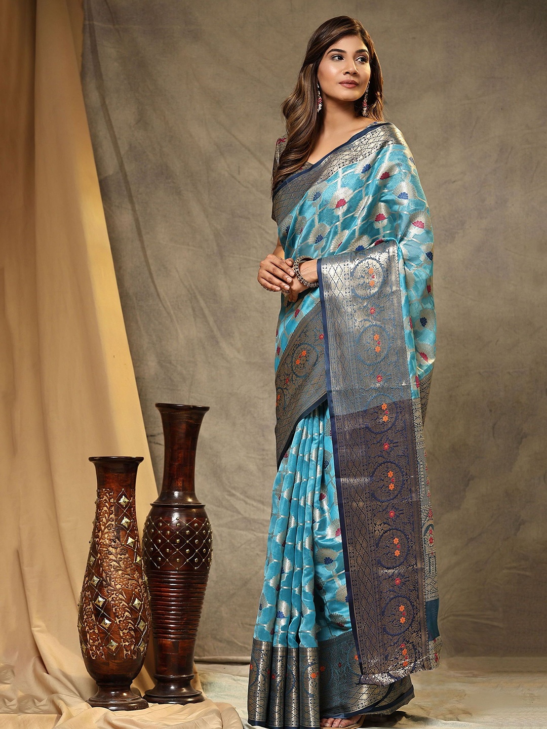 

Mitera Woven Design Zari Organza Banarasi Saree, Blue