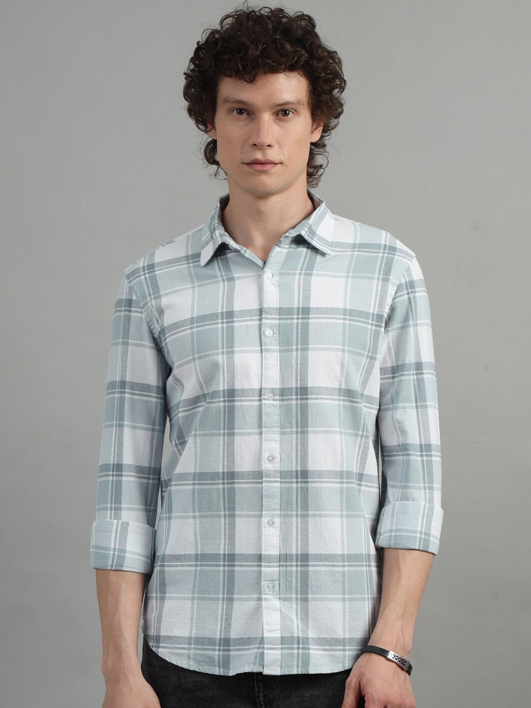 

Bushirt Classic Tartan Checked Cotton Casual Shirt, Grey