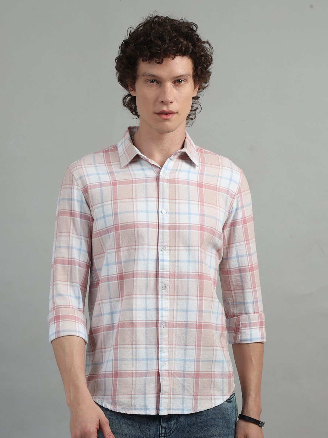 

Bushirt Men Classic Tartan Checks Opaque Checked Casual Shirt, Pink