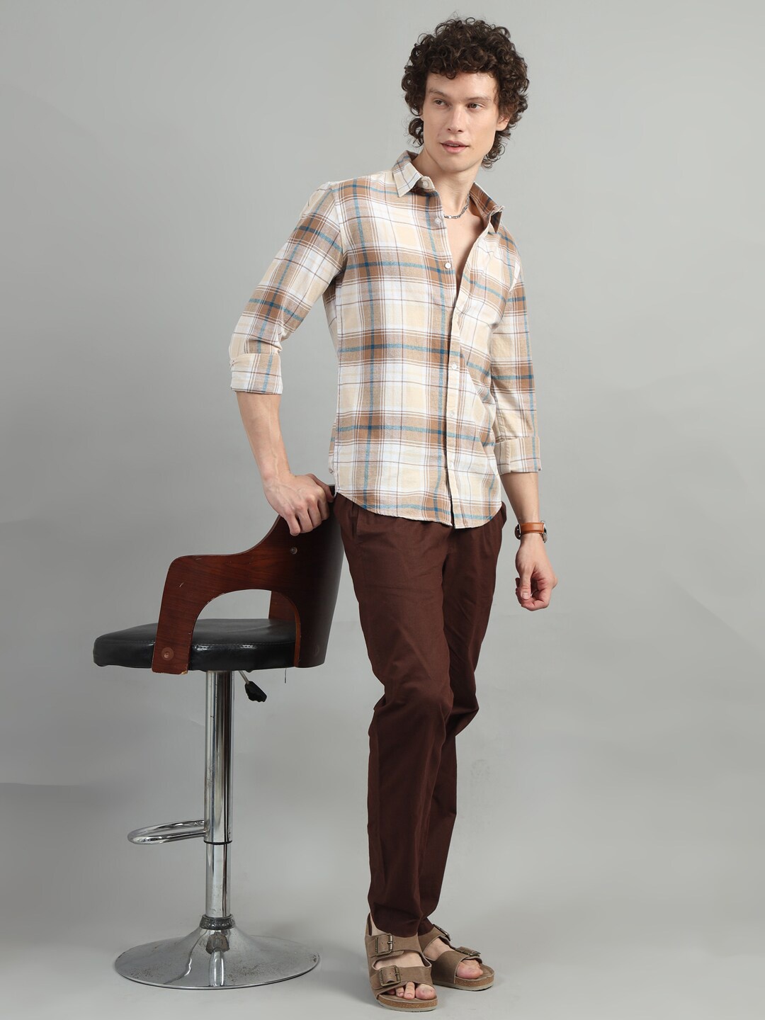 

Bushirt Classic Tartan Checked Cotton Casual Shirt, Brown