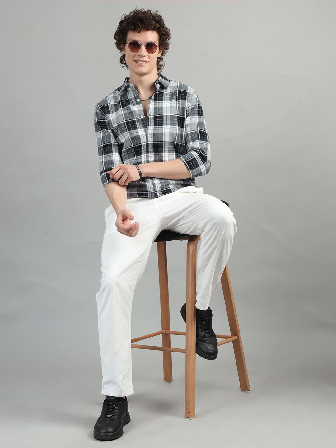 

Bushirt Classic Tartan Checked Cotton Casual Shirt, Grey