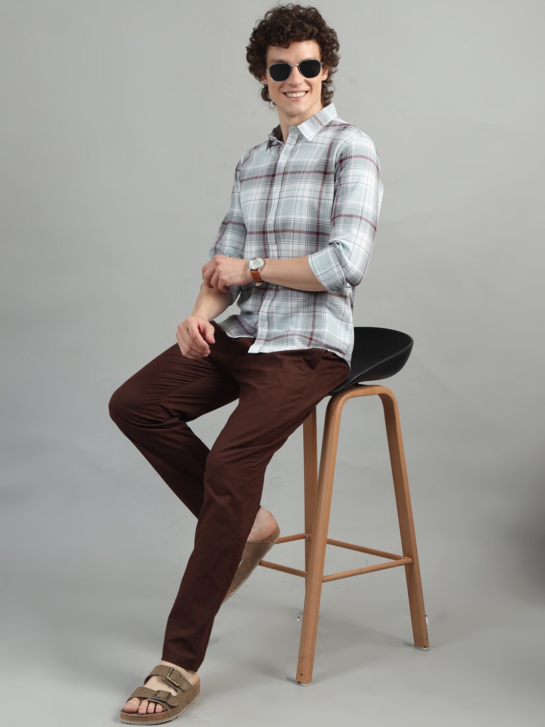 

Bushirt Classic Tartan Checked Cotton Casual Shirt, Grey